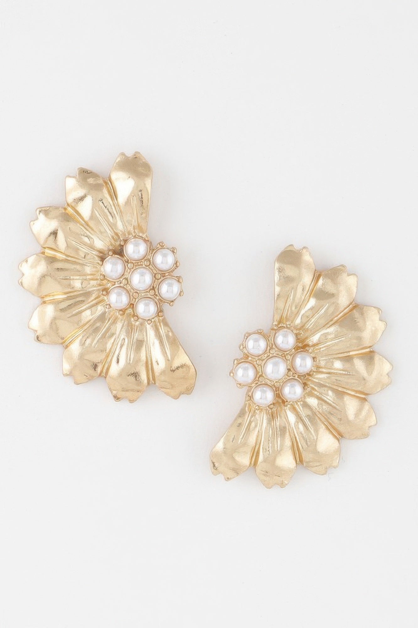 Pearled half-flower earrings, gold-cream petals with pearl cluster centers