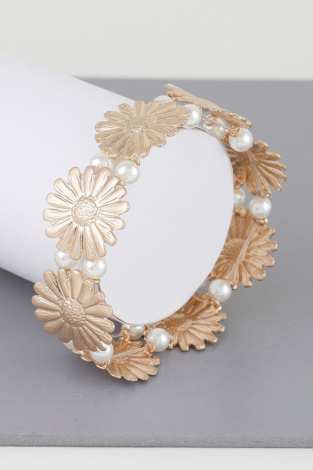 Pearled sunflower bracelet with cream and gold floral petals and white pearl beads