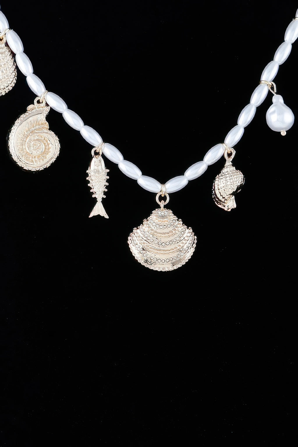 White pearl-bead Under The Sea charm necklace, large shell medallion and fish dangles