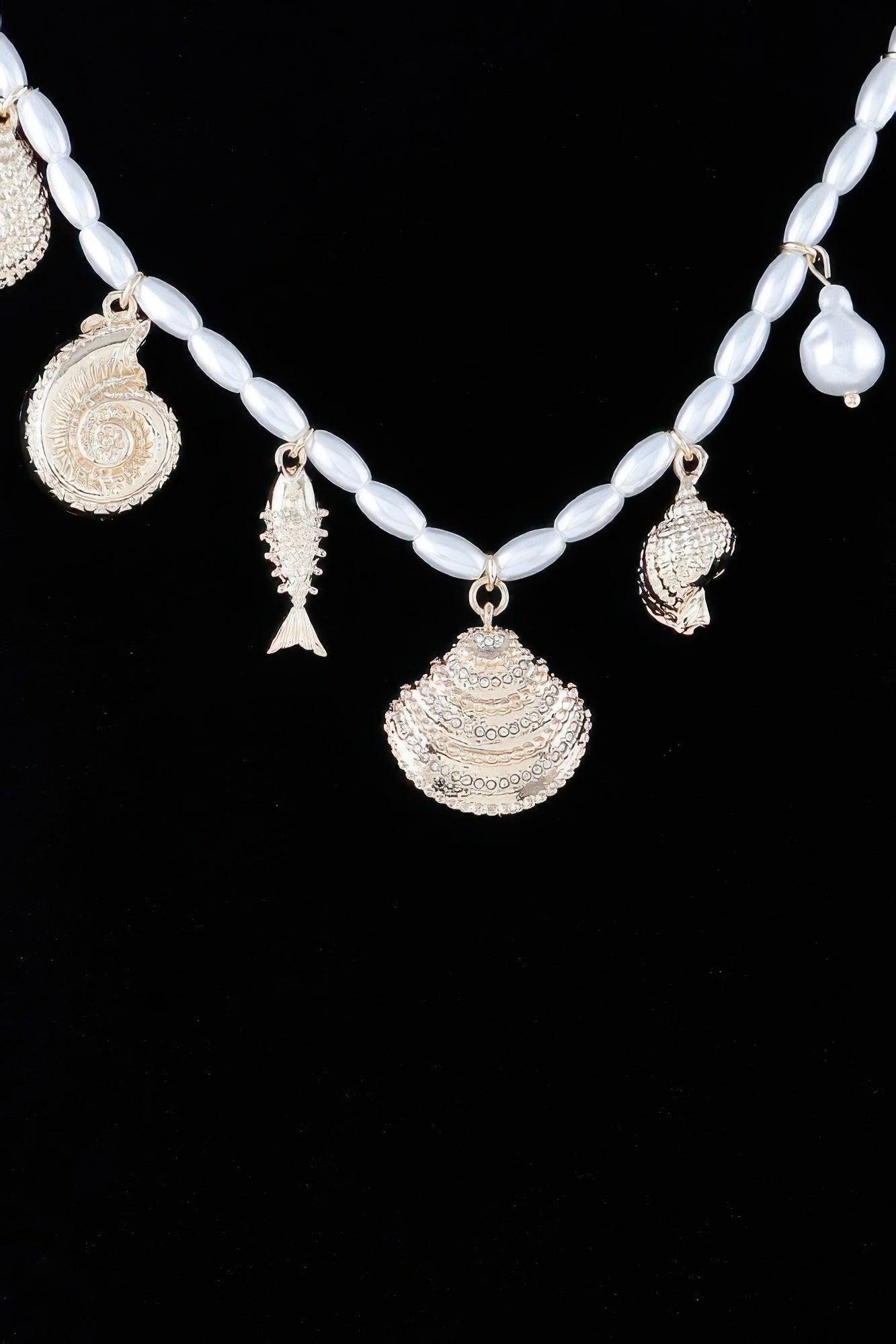 White pearl-bead Under The Sea charm necklace, large shell medallion and fish dangles
