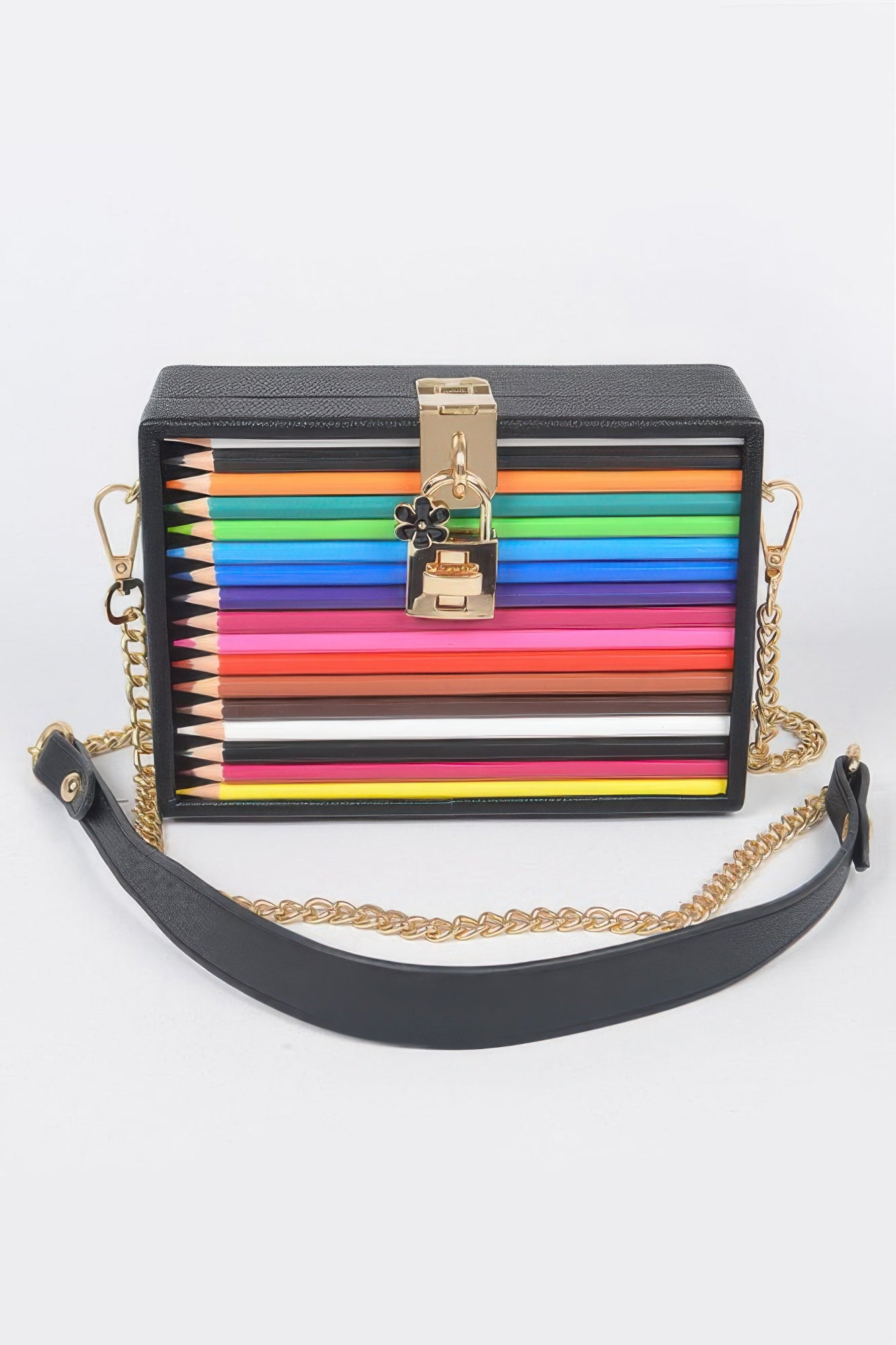 Black pencil case clutch with lock and key, gold chain strap