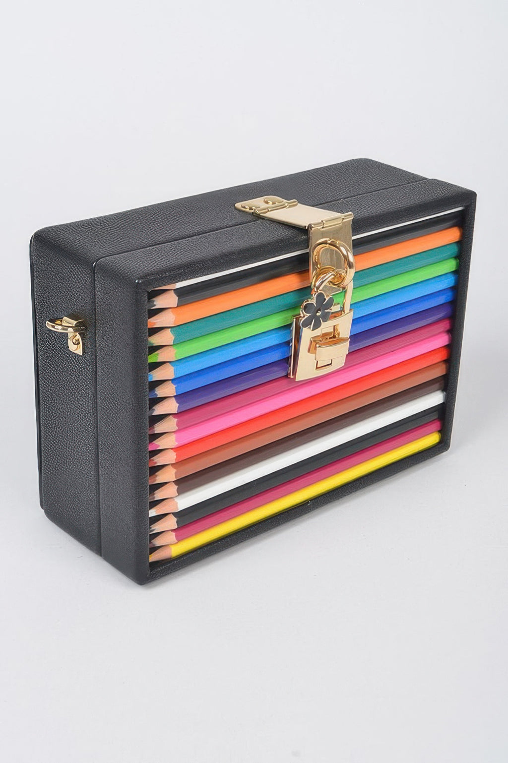 Black pencil case clutch with lock and key clasp, stacked colored pencils