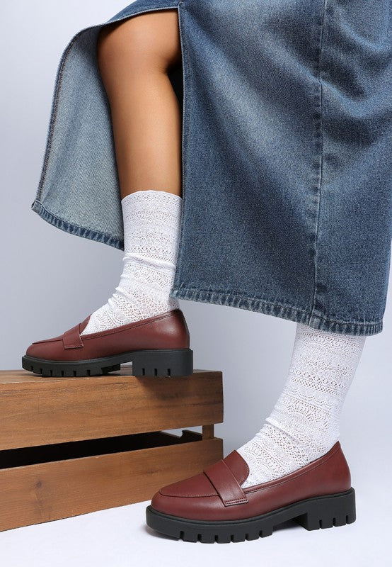 Peridot chunky loafers in burgundy faux leather, low slip-on design with grippy tread sole