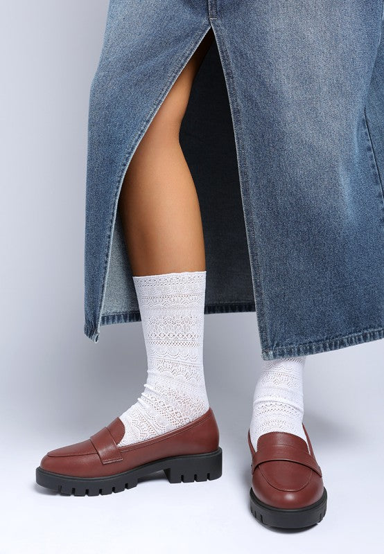 Peridot chunky loafers in burgundy faux leather, slip-on style with thick black sole