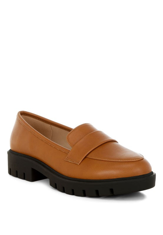 Peridot chunky loafers in tan faux leather, slip-on strap and black grippy tread sole