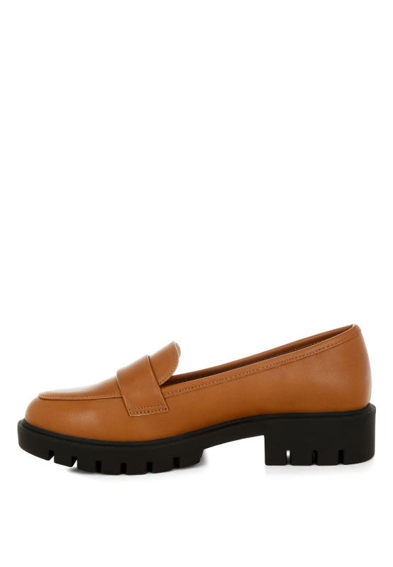 Tan faux-leather chunky loafers, slip-on strap, black tread sole