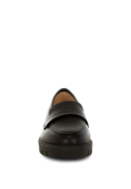 Black faux-leather loafer, square toe, slip-on strap, chunky sole