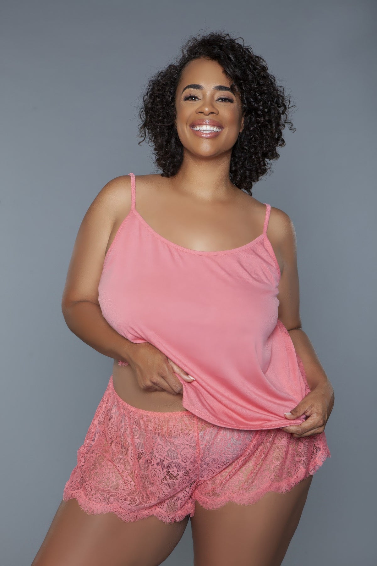 Peyton Set coral-pink camisole top and lace shorts, thin adjustable straps