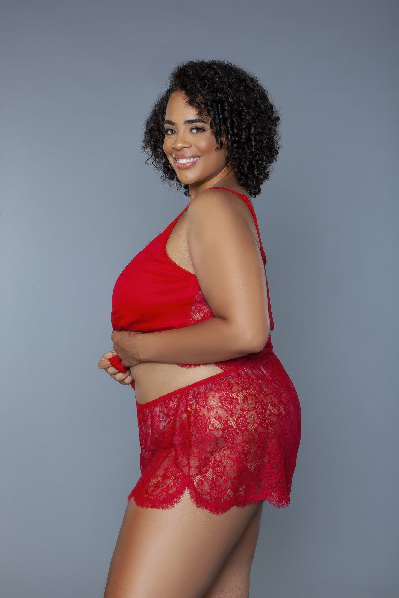 Peyton Set red camisole and lace shorts set, scoop neckline, layered hem