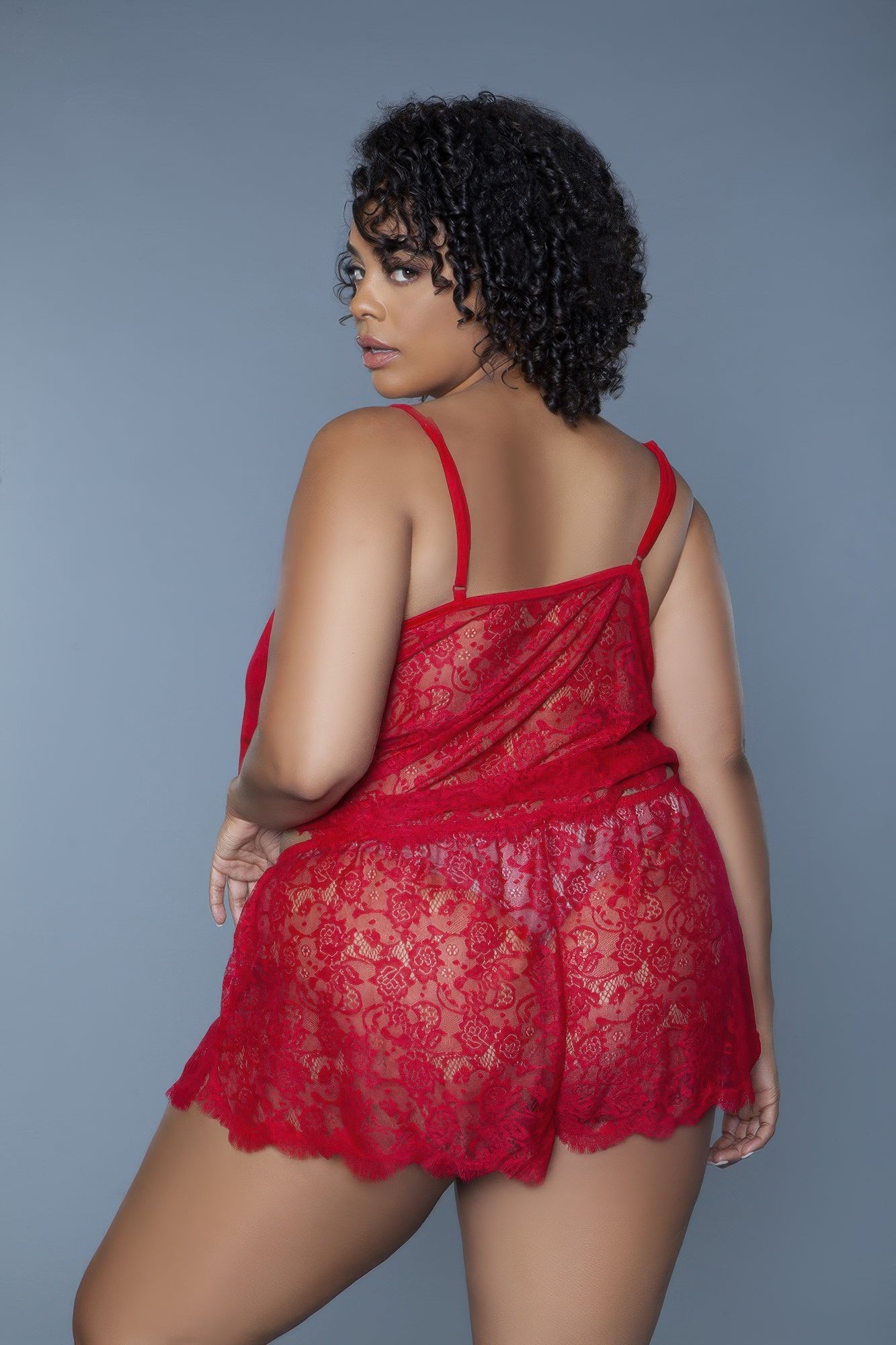 Peyton Set red lace camisole with spaghetti straps and matching lace shorts