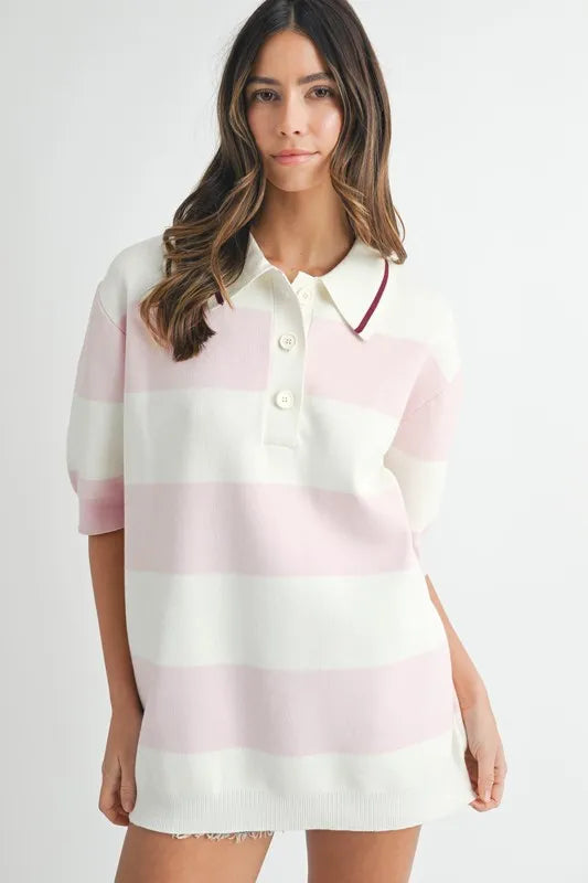 Pink Oversized Stripe Polo Collar Sweater - Tigbul's Variety Fashion Shop