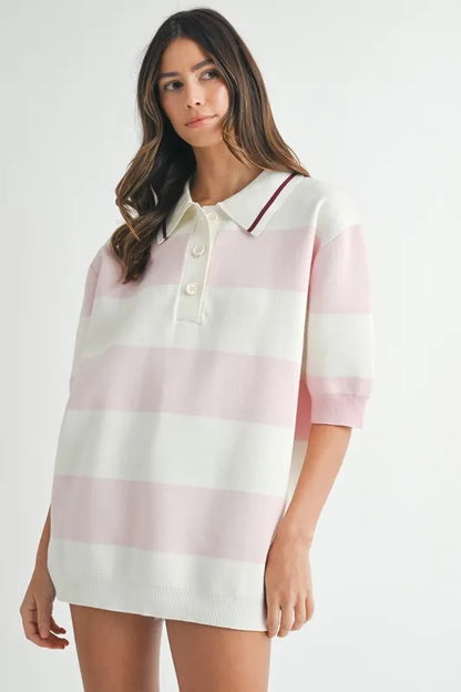 Pink Oversized Stripe Polo Collar Sweater - Tigbul's Variety Fashion Shop