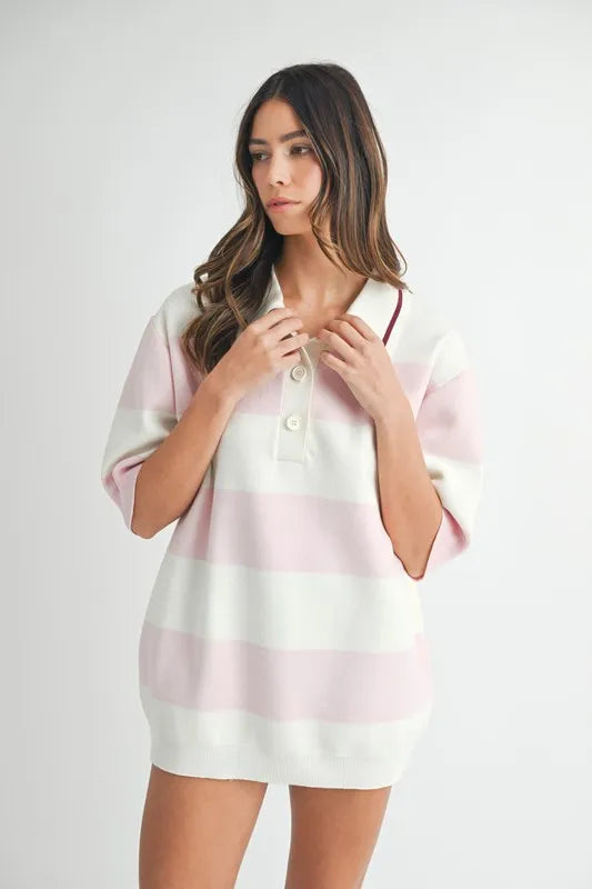 Pink Oversized Stripe Polo Collar Sweater - Tigbul's Variety Fashion Shop
