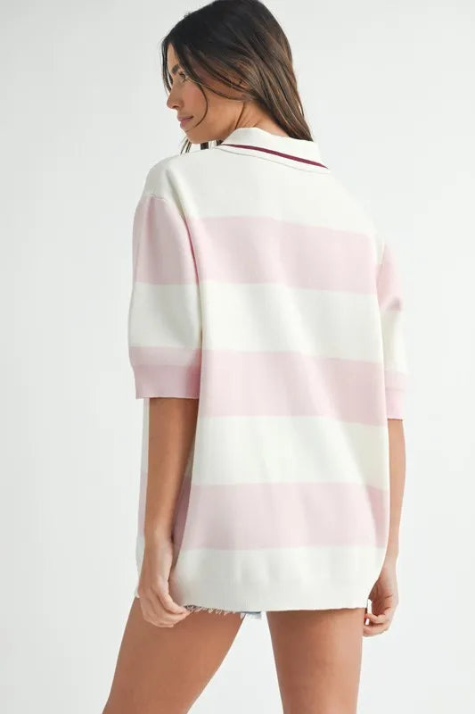 Pink Oversized Stripe Polo Collar Sweater - Tigbul's Variety Fashion Shop