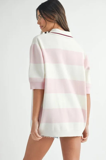 Pink Oversized Stripe Polo Collar Sweater - Tigbul's Variety Fashion Shop