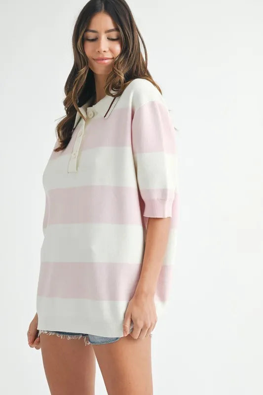 Pink Oversized Stripe Polo Collar Sweater - Tigbul's Variety Fashion Shop