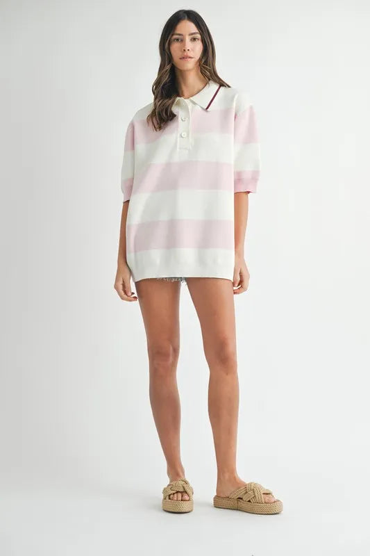 Pink Oversized Stripe Polo Collar Sweater - Tigbul's Variety Fashion Shop