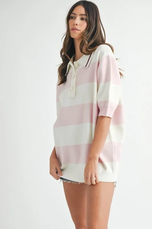 Pink Oversized Stripe Polo Collar Sweater - Tigbul's Variety Fashion Shop