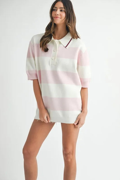 Pink Oversized Stripe Polo Collar Sweater - Tigbul's Variety Fashion Shop