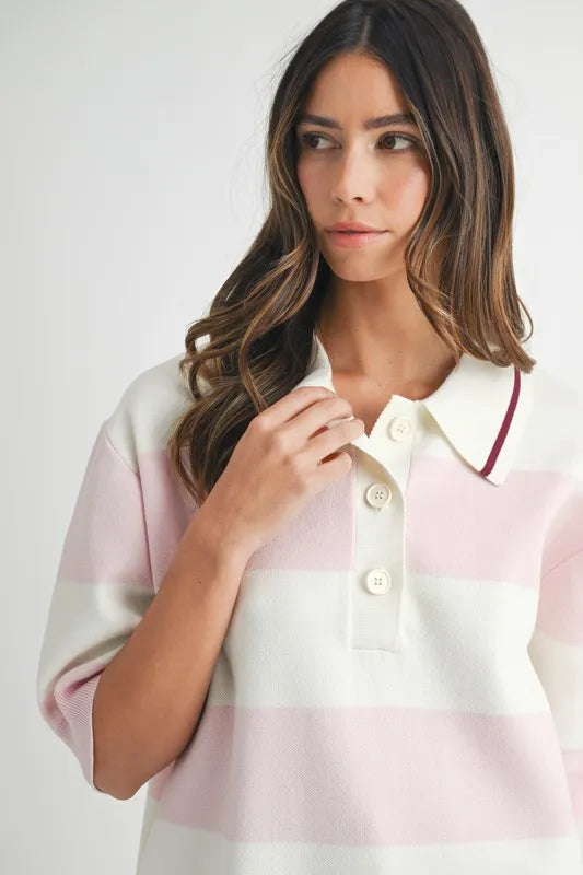 Pink Oversized Stripe Polo Collar Sweater - Tigbul's Variety Fashion Shop