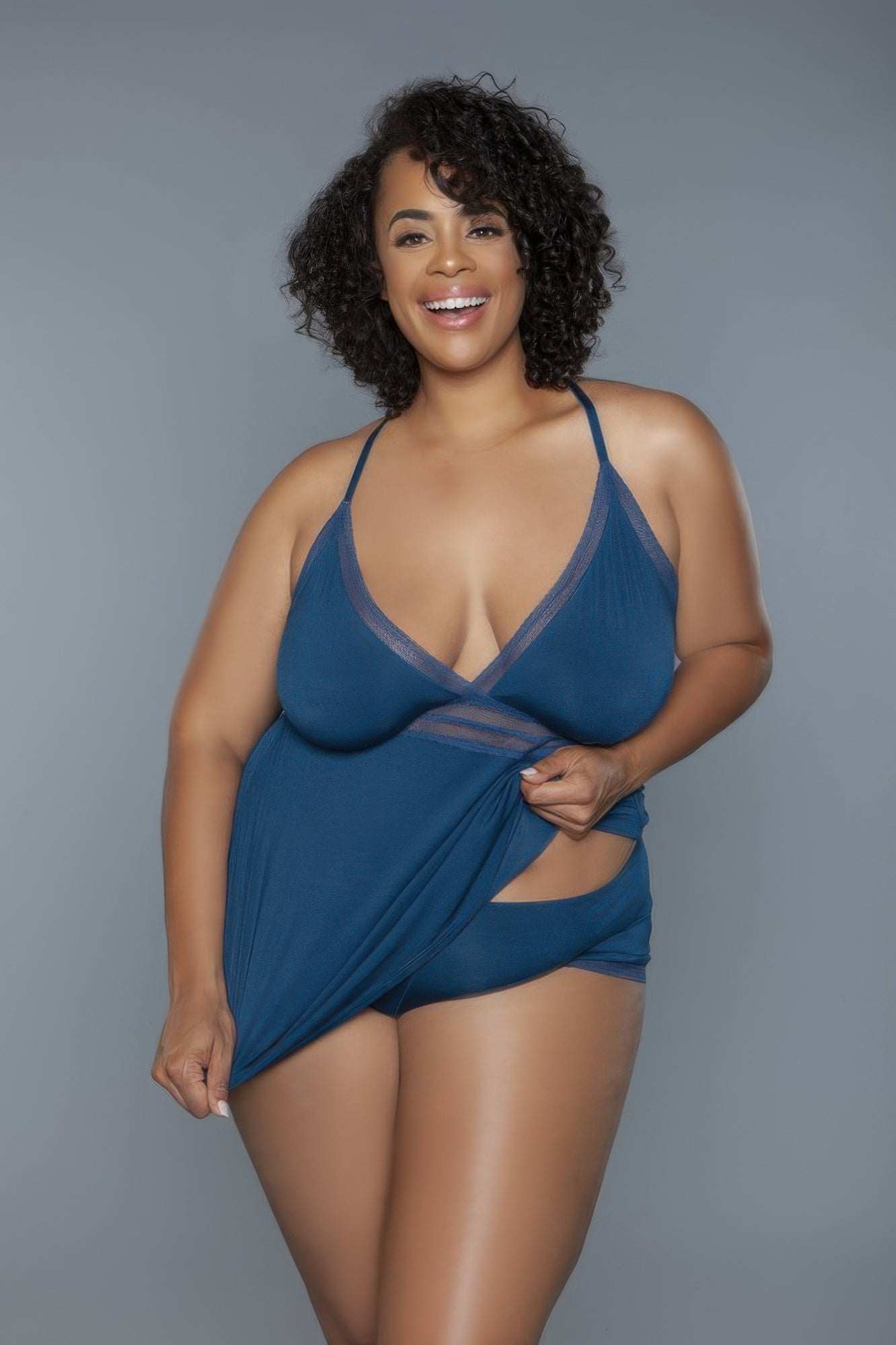 Deep Royal cami set: plunging V-neck triangle bra and tied drape shorts