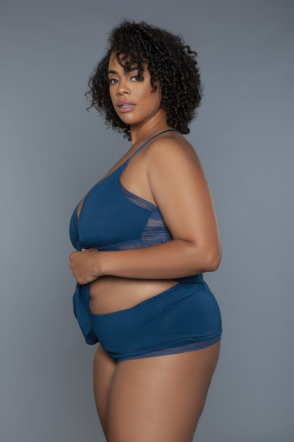 Deep Royal cami set: cross-front halter top with high-rise matching shorts
