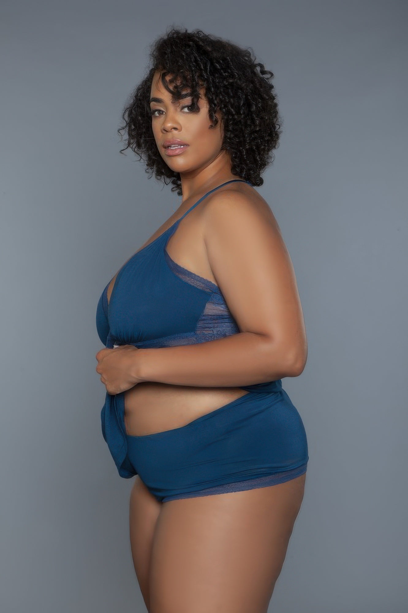 Deep Royal cami set: cross-front halter top with high-rise matching shorts