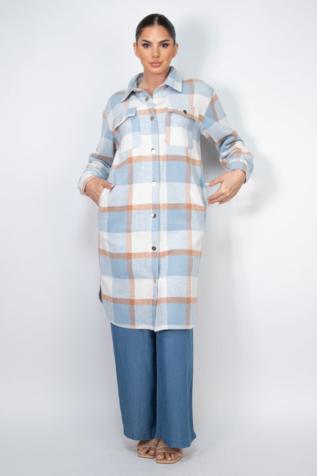 Plaid shacket coat in light blue, orange-and-white check, button front