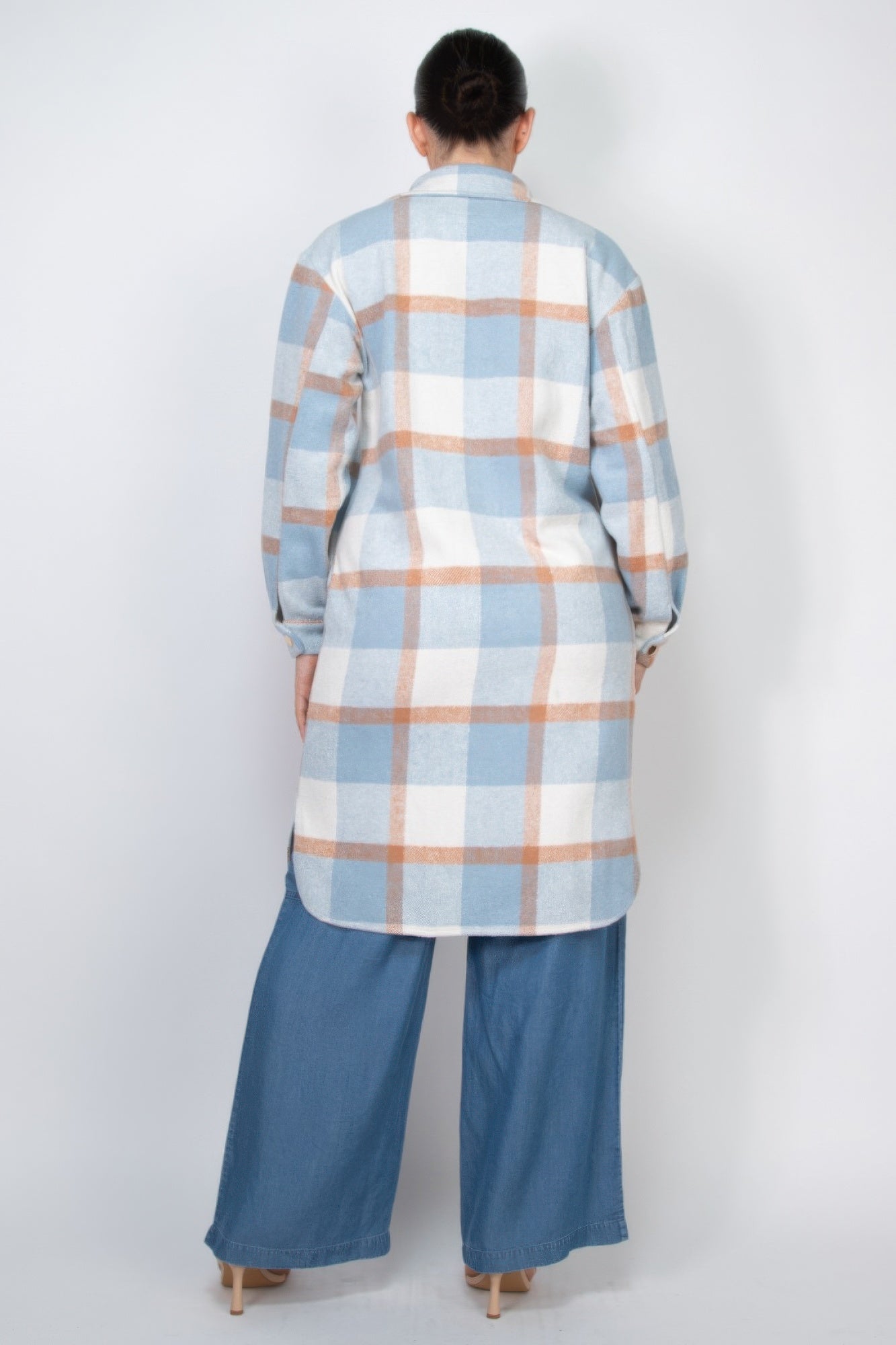 Back view of light blue plaid button shacket coat with collar