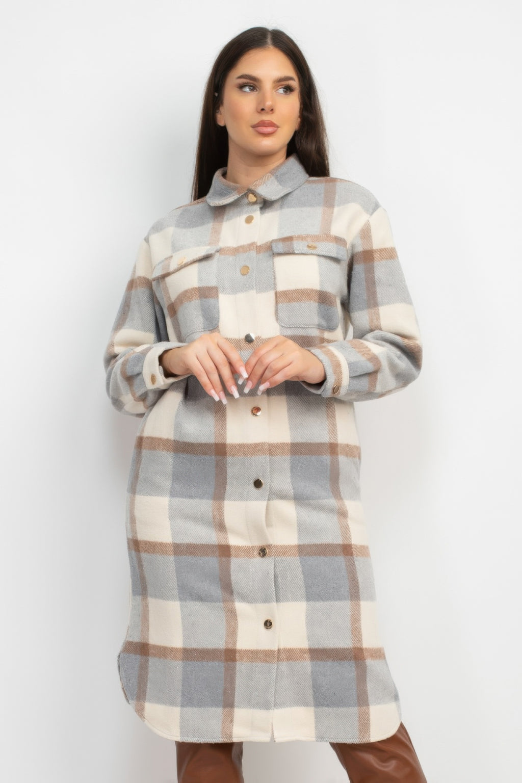 Cream/grey/tan plaid buttoned shacket coat with chest pockets and front button placket