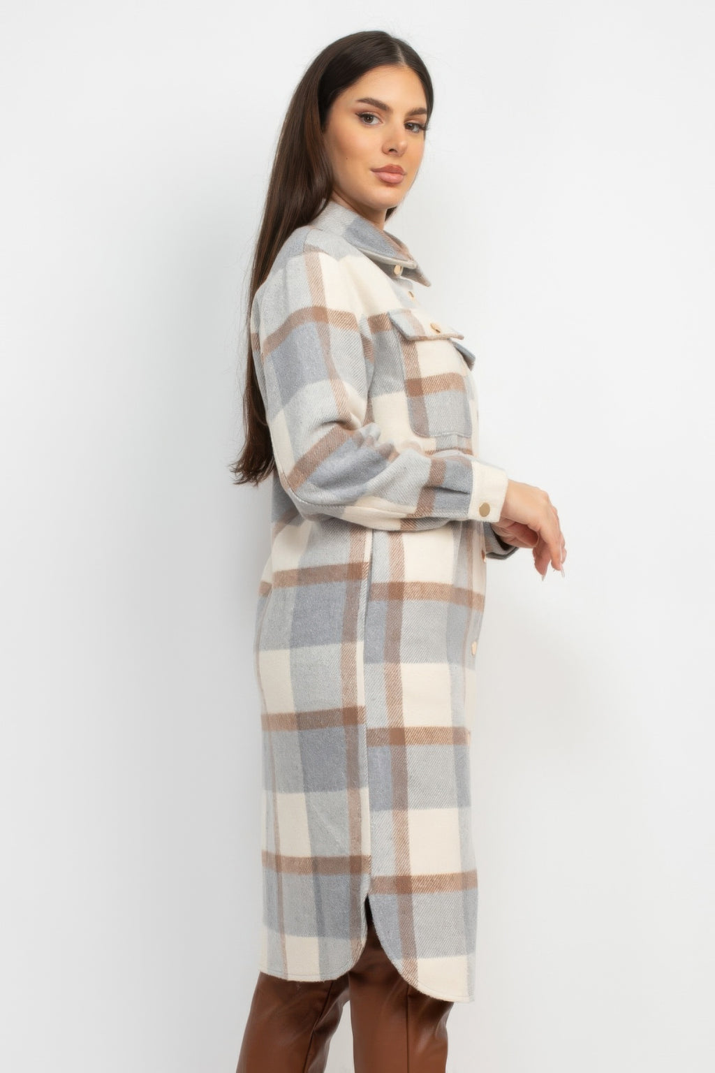 Cream/grey/tan plaid buttoned shacket coat, side view, long sleeves and front buttons