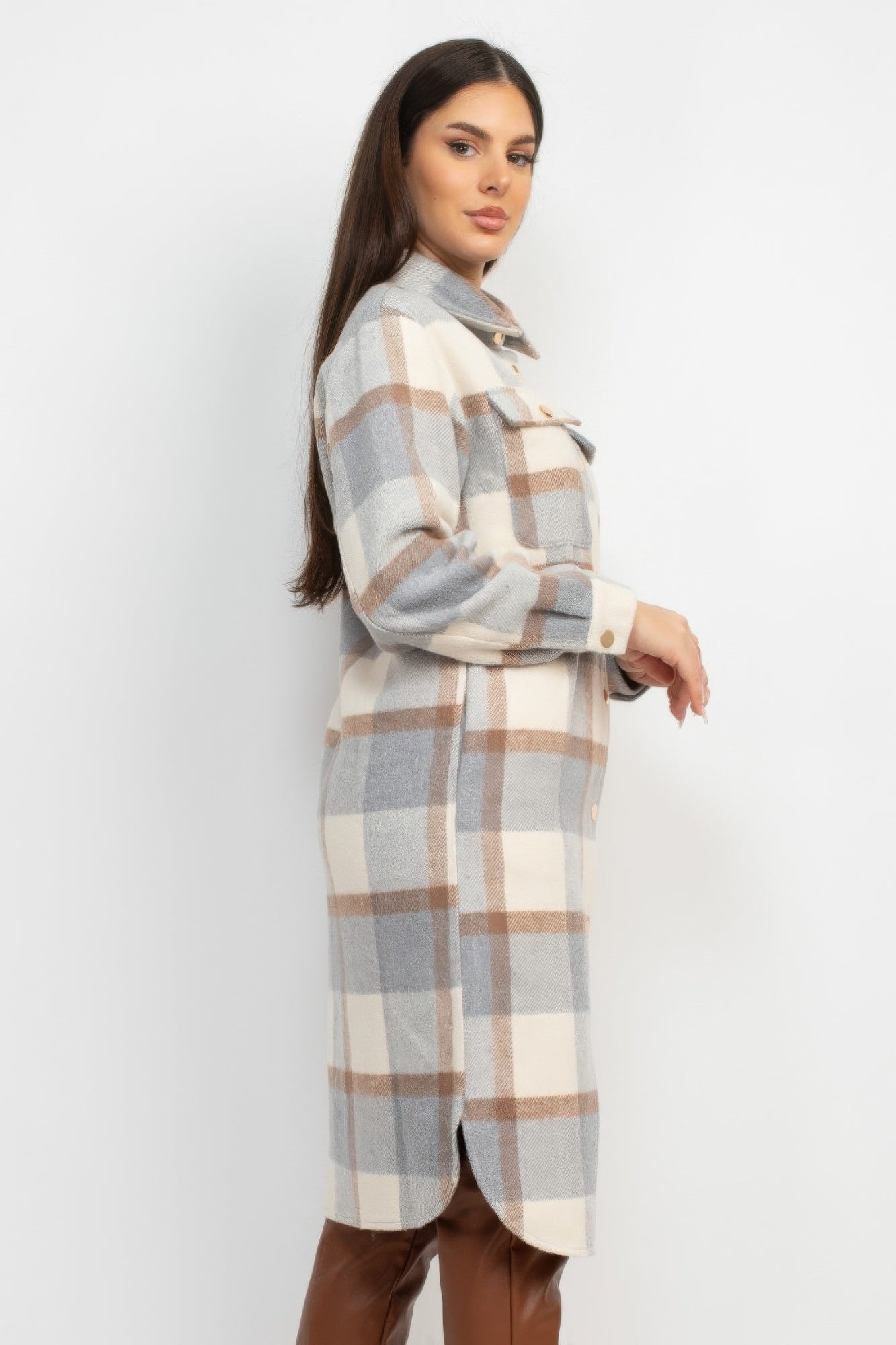 Cream/grey/tan plaid buttoned shacket coat, side view, long sleeves and front buttons