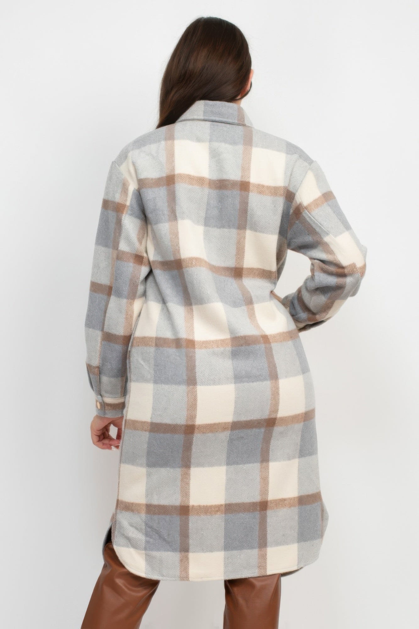 Back view of cream/grey/tan plaid buttoned shacket coat with long sleeves