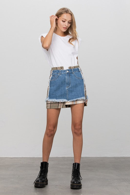 PLAID CHECKER DENIM MINI SKIRT - Tigbul's Variety Fashion Shop