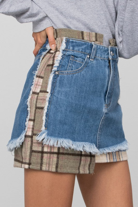 PLAID CHECKER DENIM MINI SKIRT - Tigbul's Variety Fashion Shop
