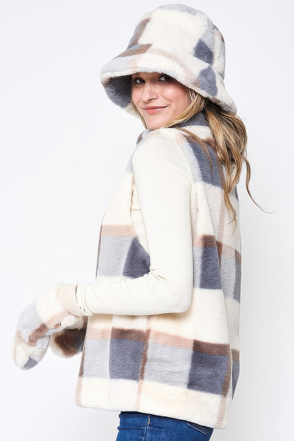 Plaid faux-fur vest, side view with full-zip front and blue-gray square pattern
