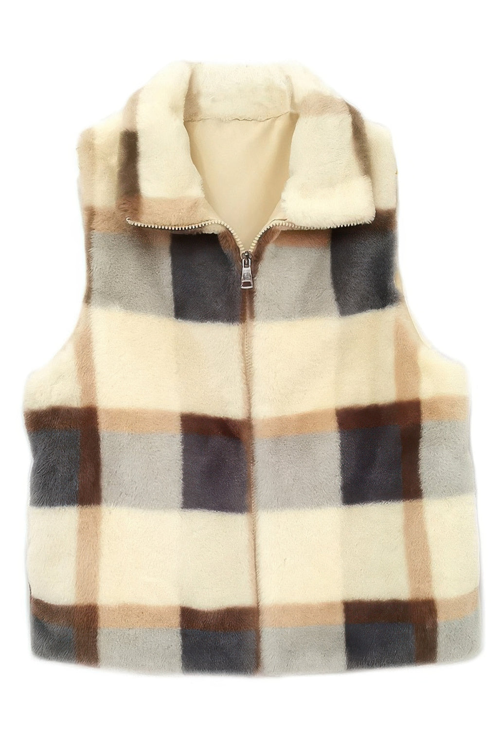 Plaid faux-fur vest with full-zip front, cream and brown check pattern