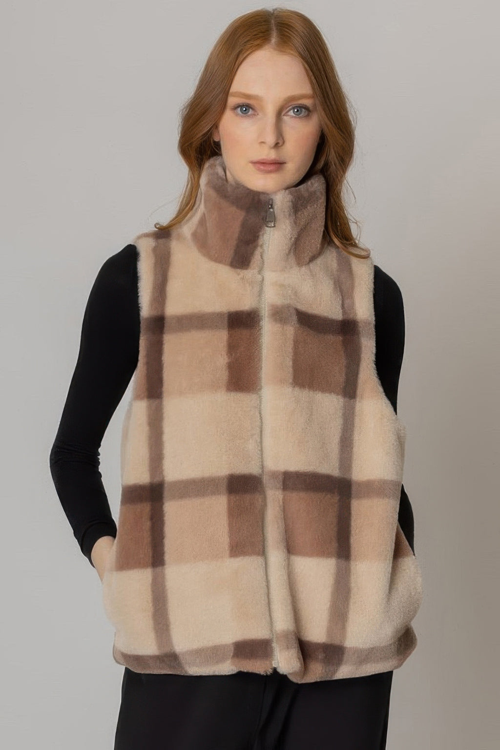 Plaid faux-fur vest with stand collar and front zip, tan and brown check