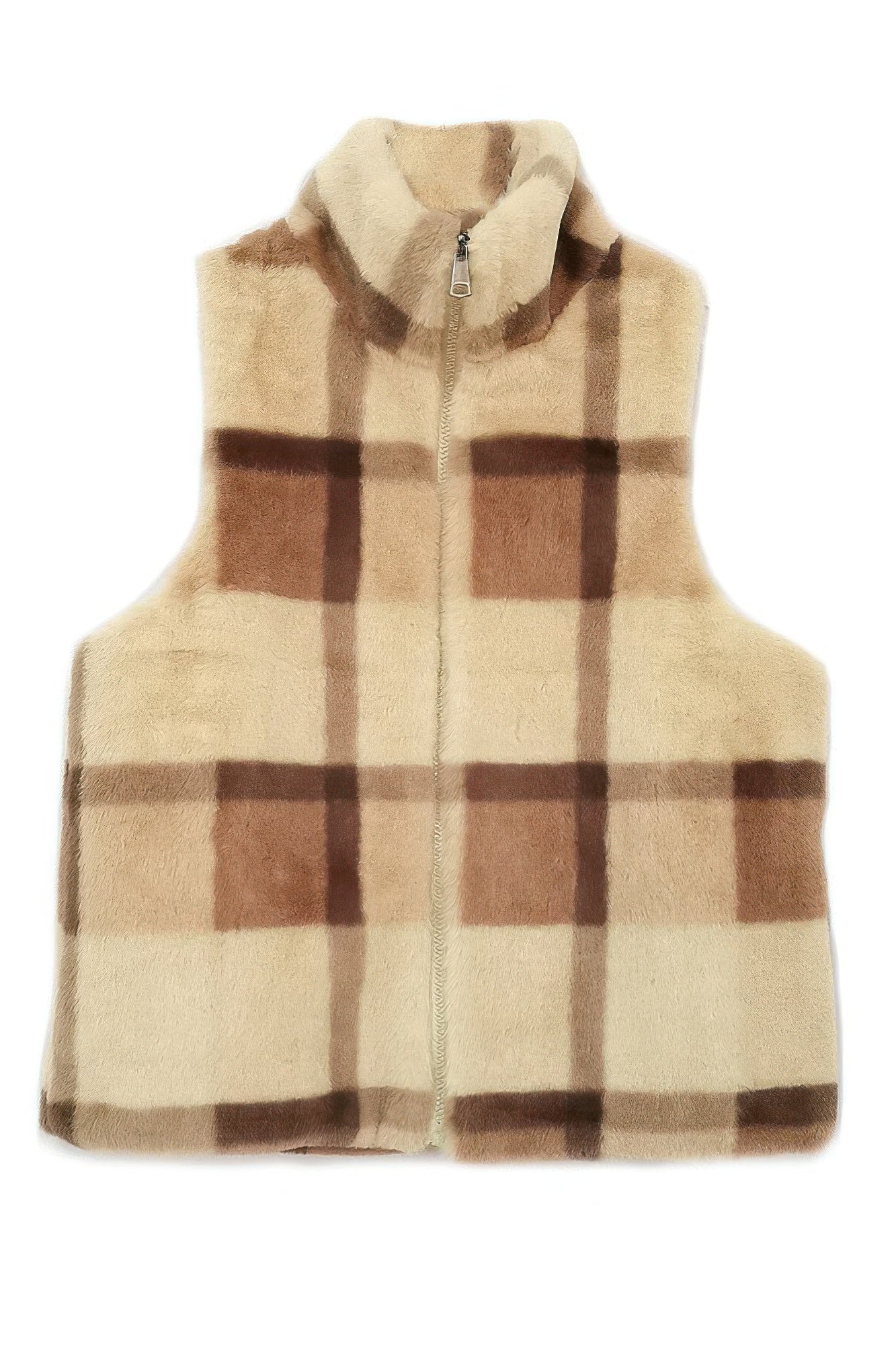 Plaid faux-fur vest with front zipper, tan base with brown square check