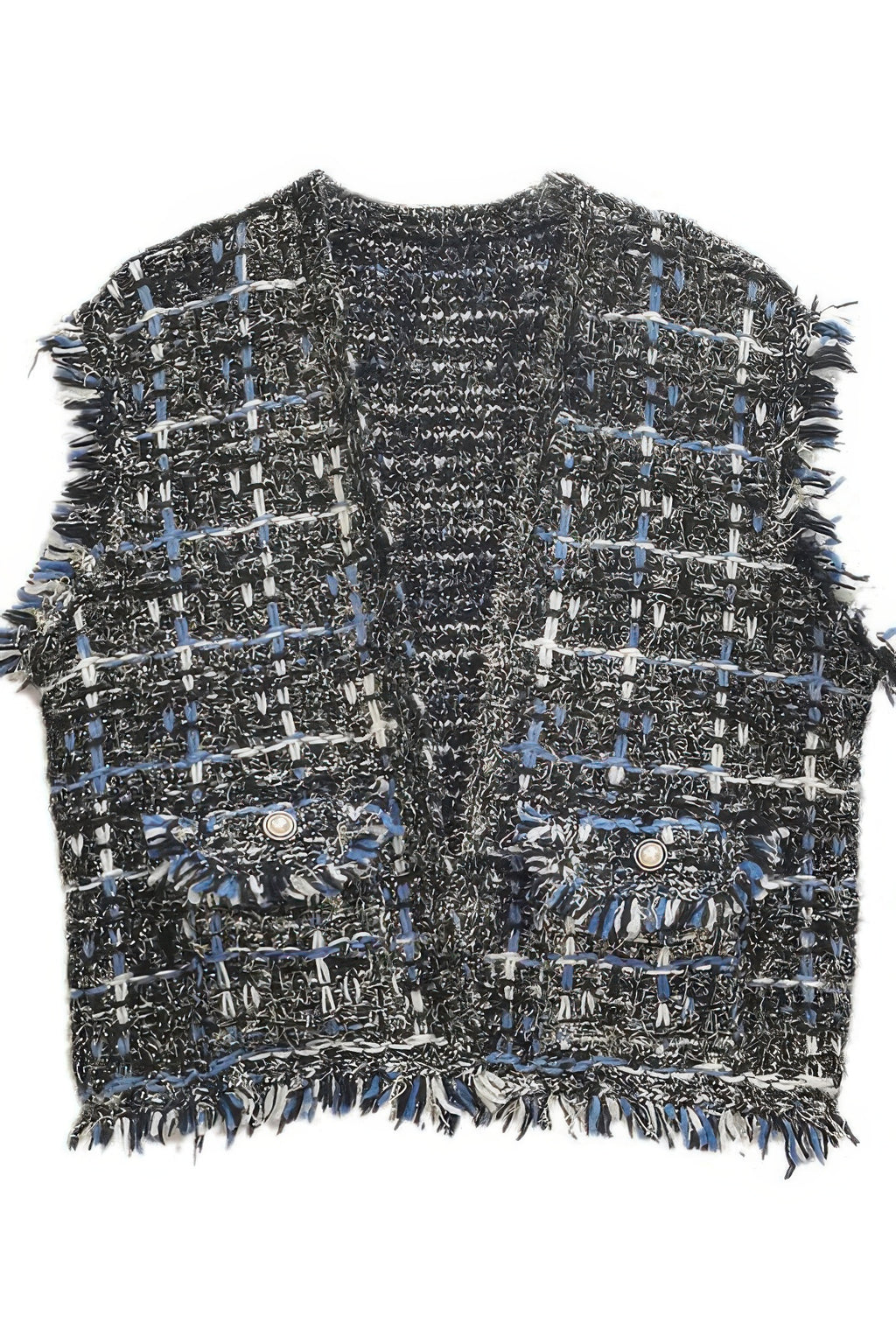 Black plaid tweed vest with blue grid lines, fringe details, and snap buttons