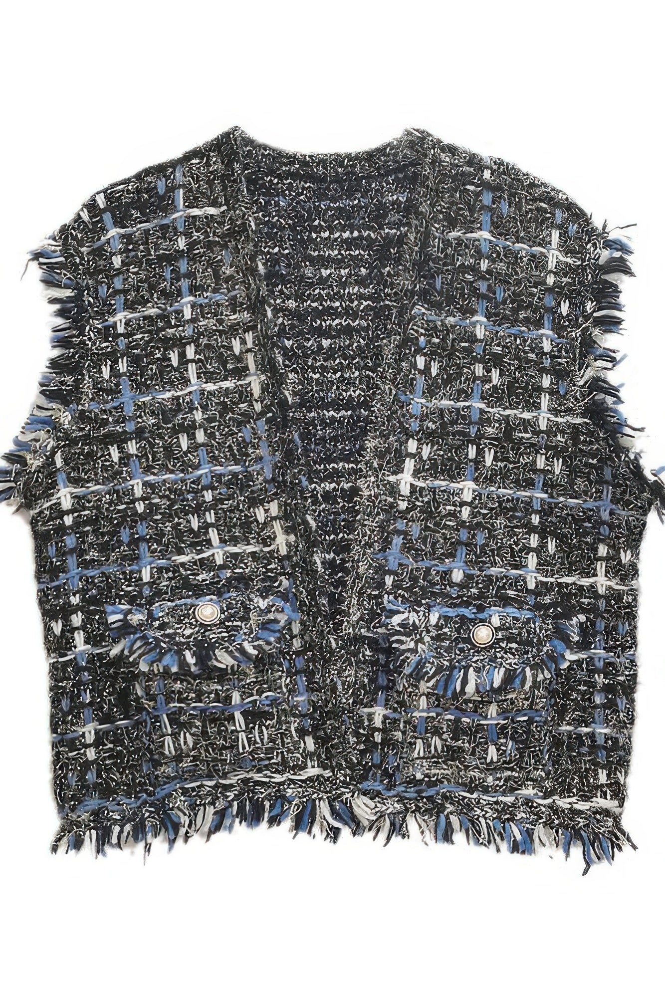 Black plaid tweed vest with blue grid lines, fringe details, and snap buttons