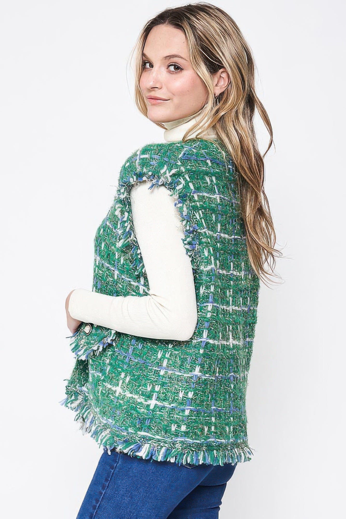 Green plaid tweed vest with shoulder fringe and buttoned flap pockets