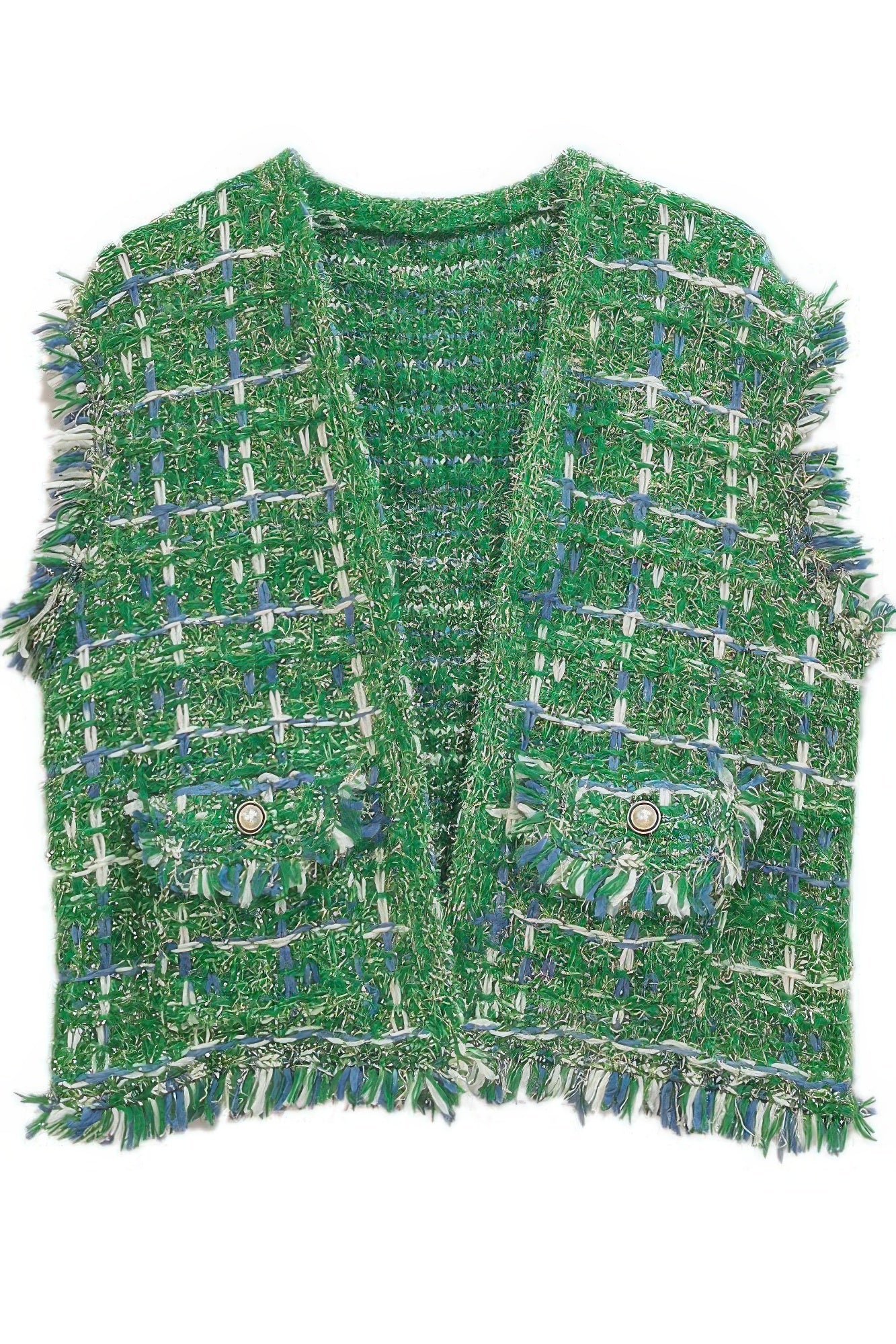 Green plaid tweed vest with blue grid and fringe hem; two snap-button pockets