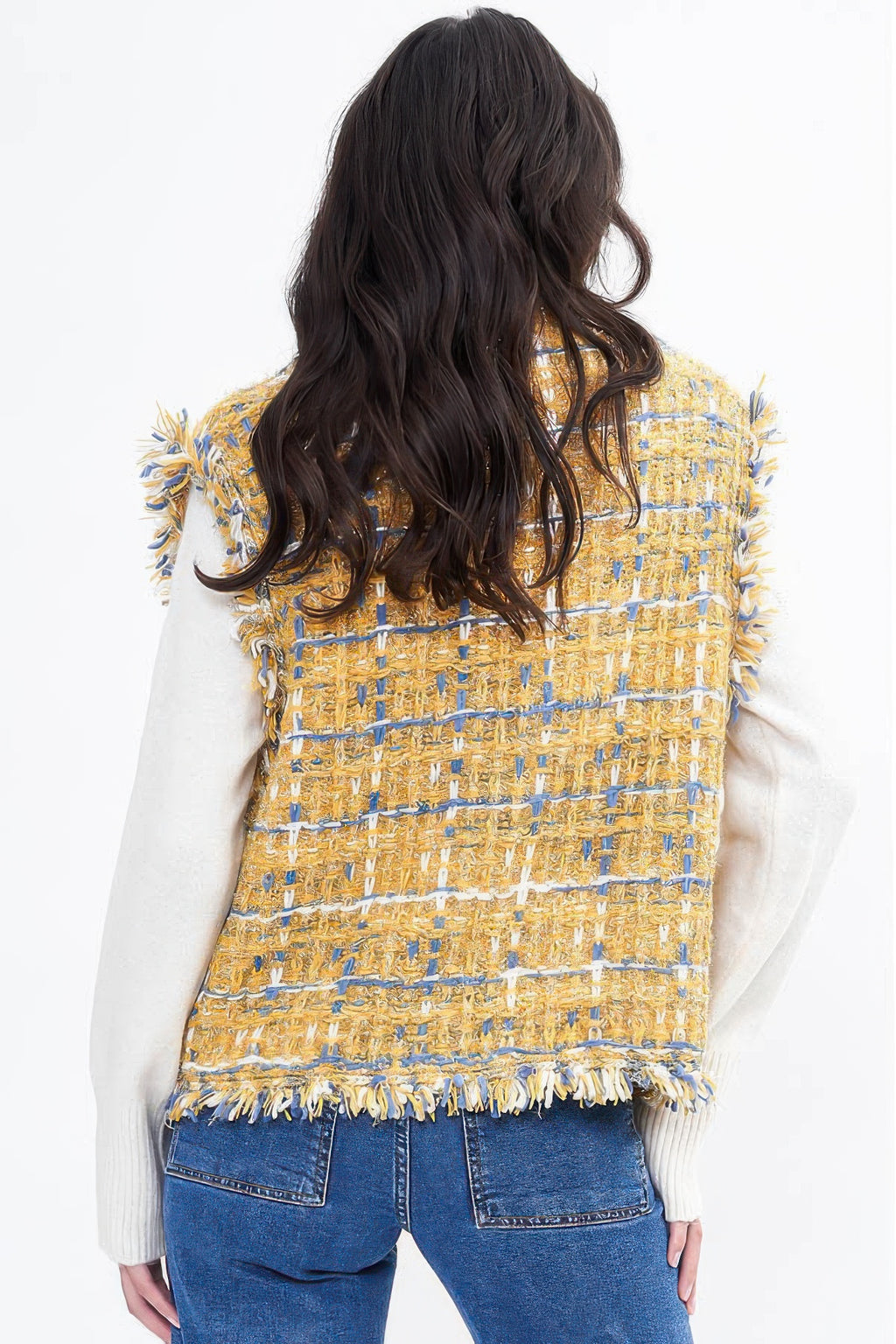 Plaid tweed vest in mustard yellow with blue grid plaid and frayed shoulder trim