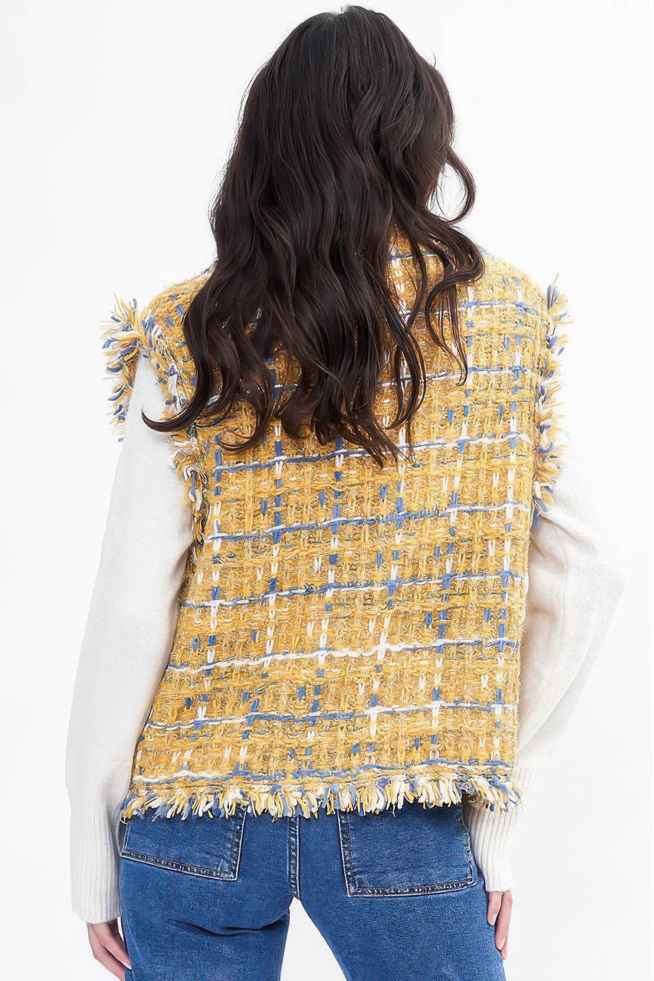 Plaid tweed vest in mustard yellow with blue grid plaid and frayed shoulder trim