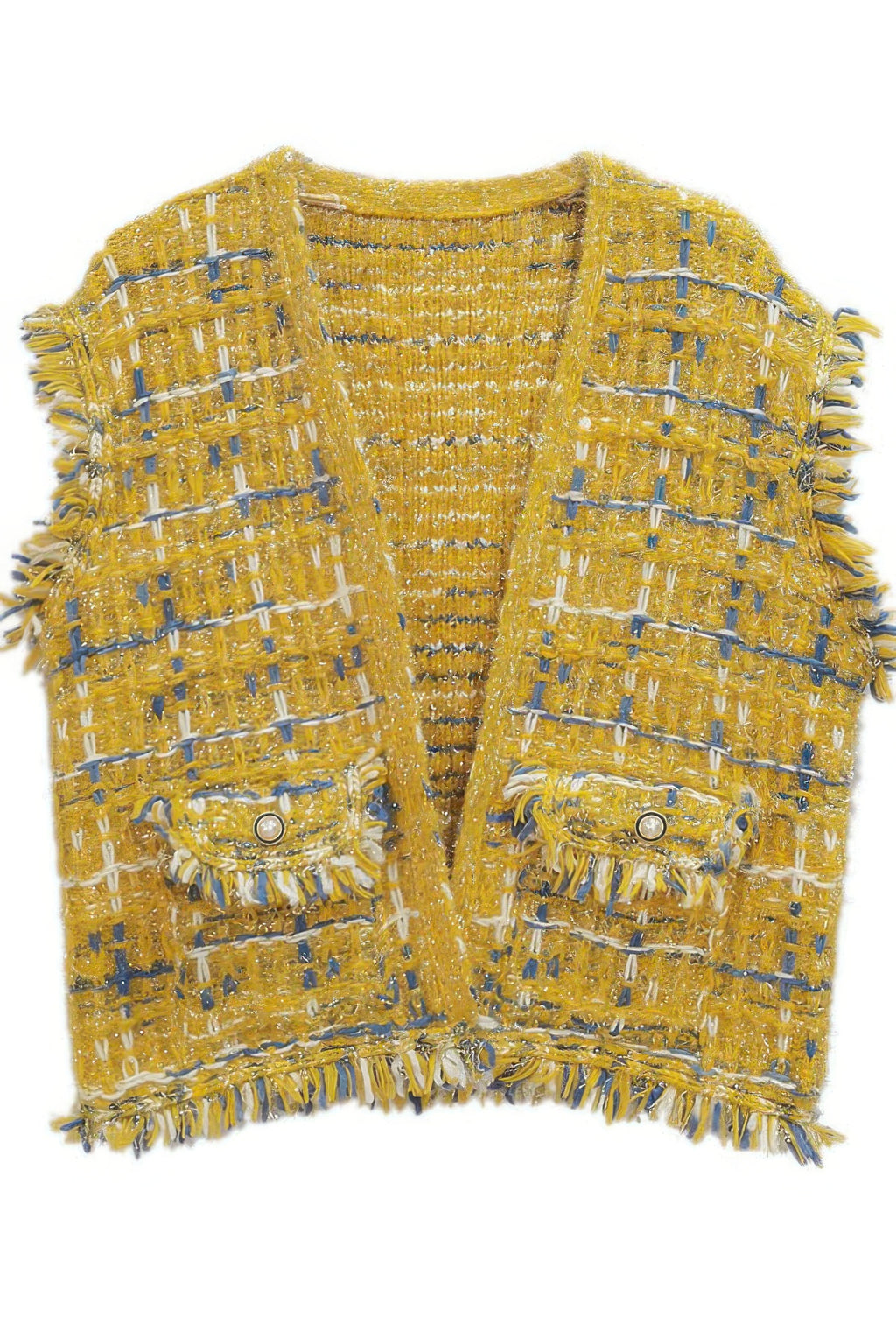 Mustard yellow plaid tweed vest front with frayed edges and snap buttons