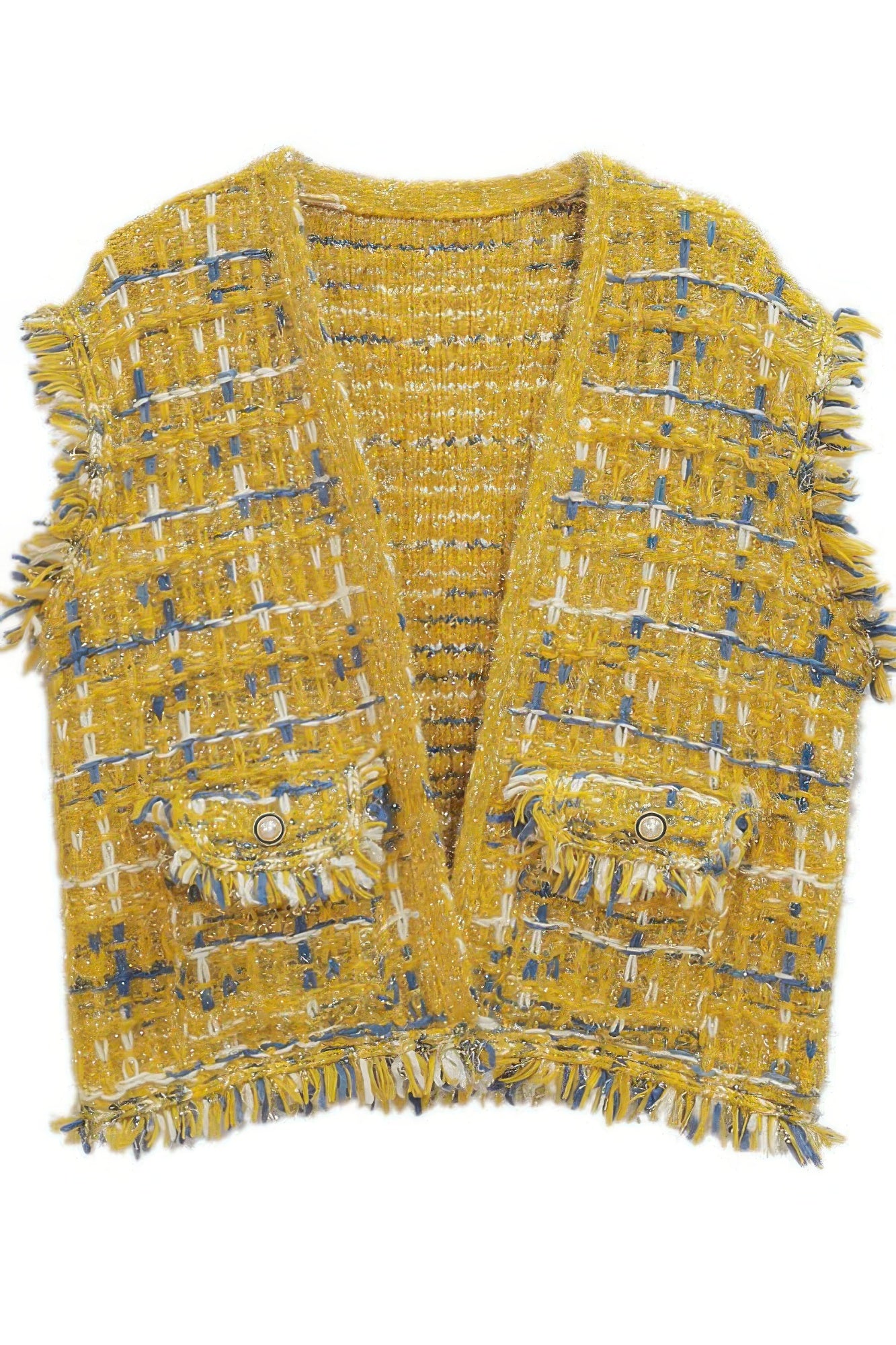 Mustard yellow plaid tweed vest front with frayed edges and snap buttons