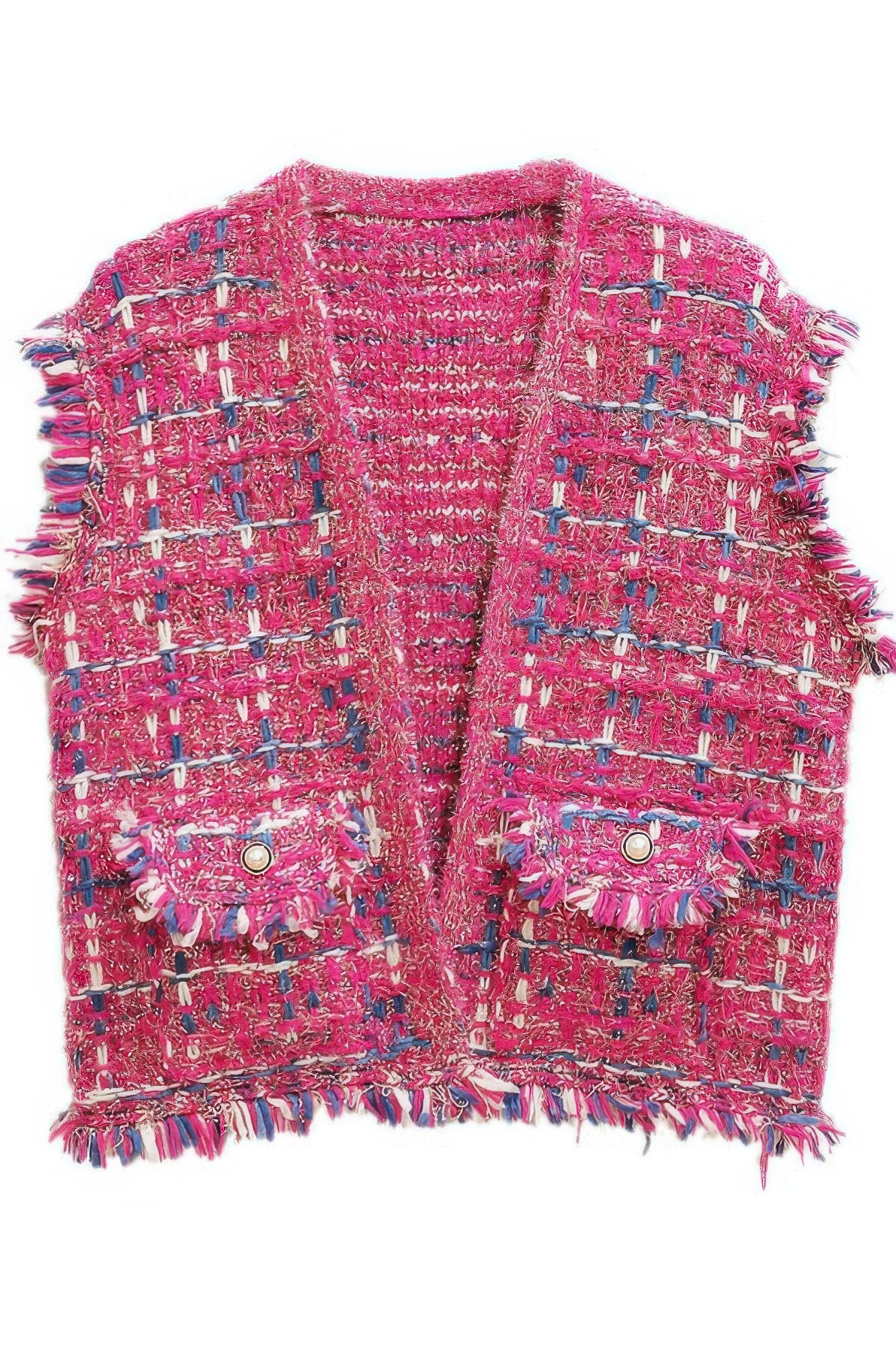 Pink plaid tweed vest with fringe hem and two front flap pockets