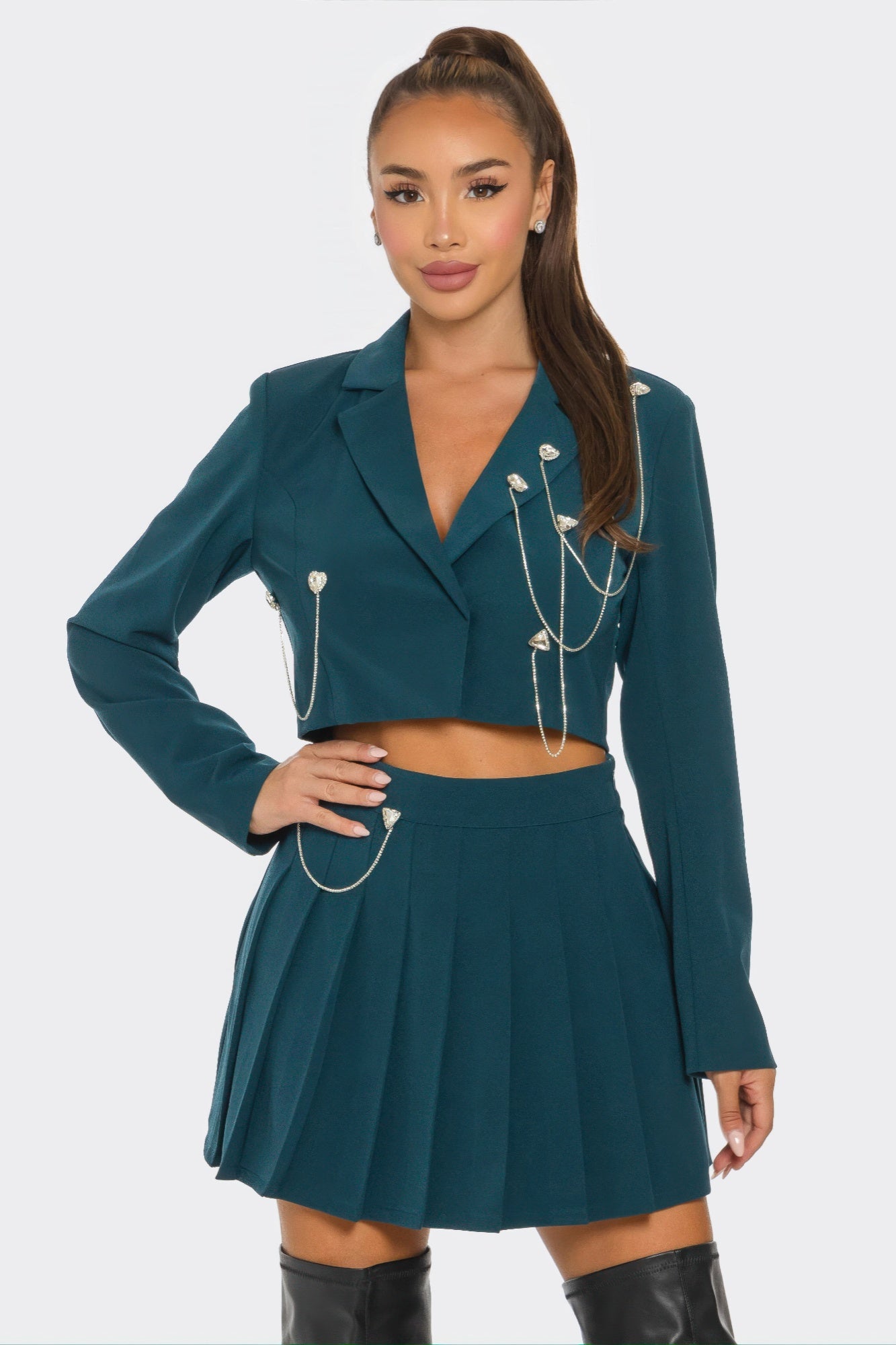 Pleated skirt set with cropped blazer, teal green, chain detailing, pleated mini skirt