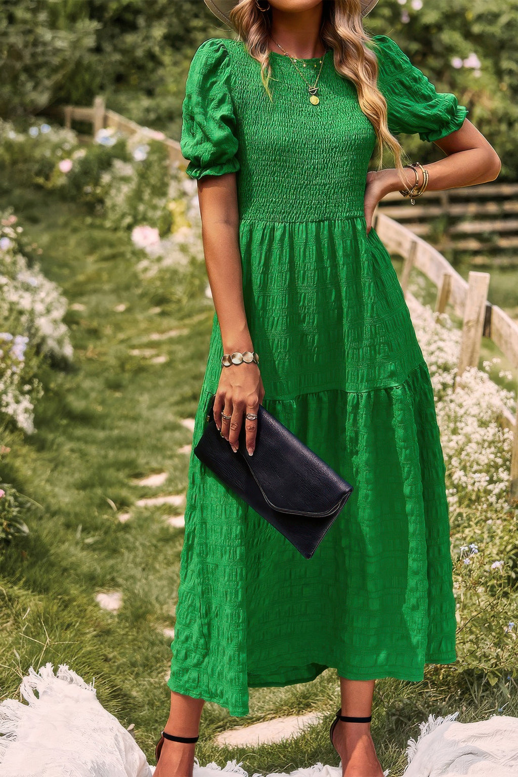 Green tiered A-line short puff-sleeve dress with smocked waist and layered skirt